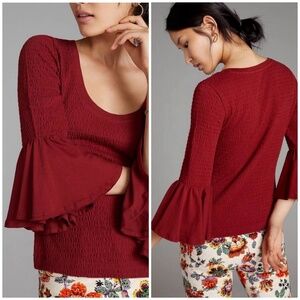 BY ANTHROPOLOGIE SMOCKED BELL SLEEVE TOP XS BOHEMIAN FESTIVAL Y2K HIPPIE PEASANT